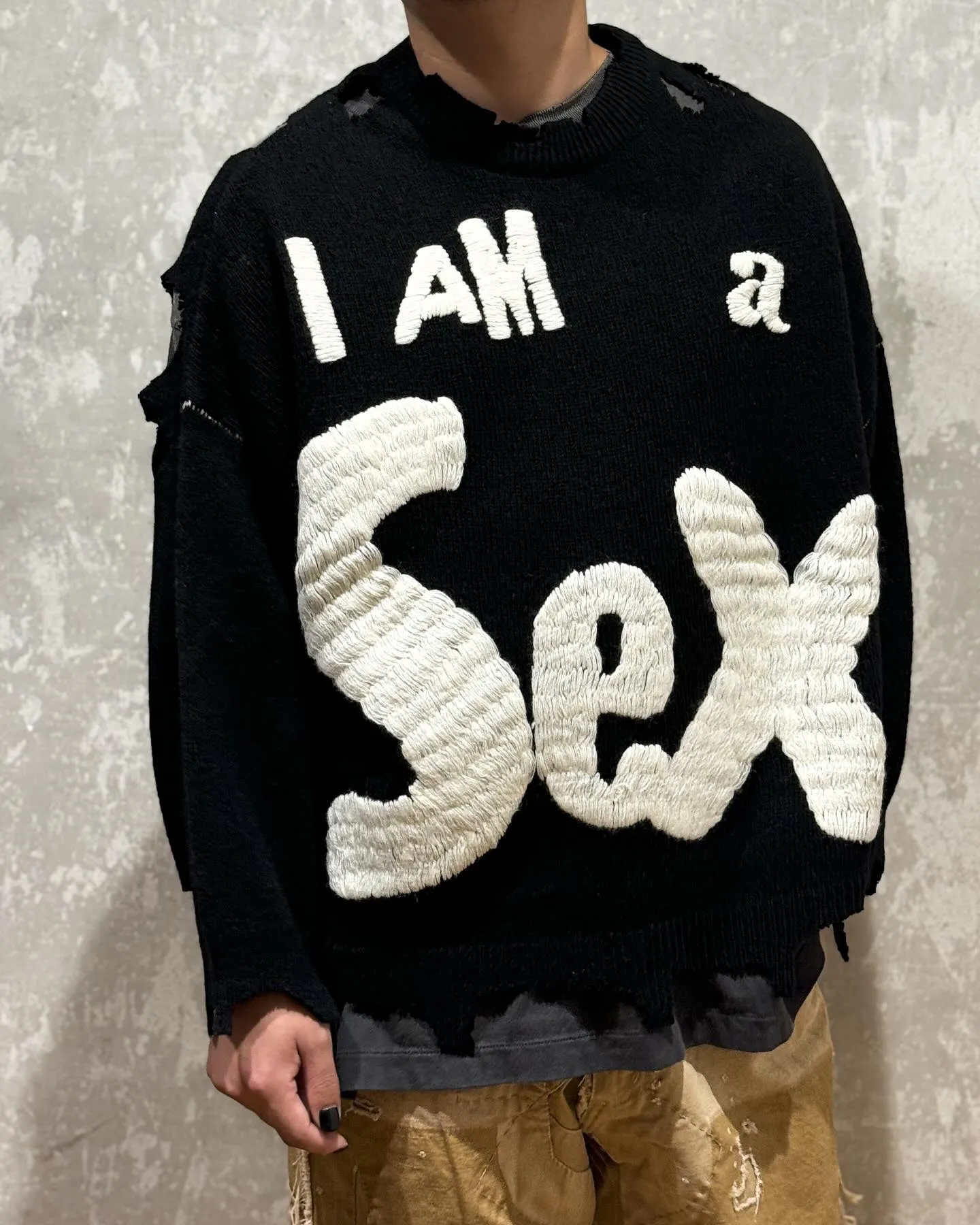 SAINT Mxxxxxx × Sex Pistols SP_CREW KNT/IAMA/BLK SEX PISTOLS band joint model destroyed hand-embroidered sweater, black S-XL, original 85% wool/15% polyester fiber blend, super complex front and rear panels, large-area hand-embroidery, hand-cut destruction treatment, custom-made correct joint main mark/wash mark